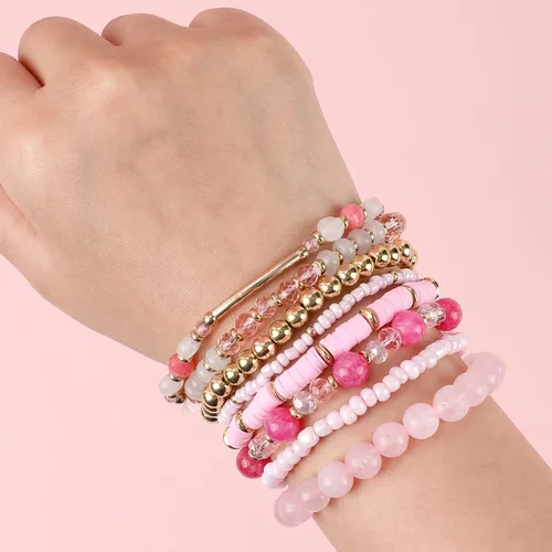Vista 3 de IDEAJOY Pulseras rosas bohemias de cuentas de varias capas apilables, conjunto de 8 piezas de hebra elástica versátil con cuentas brillantes