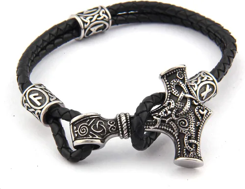 Vista 4 de BAVIPOWER Thor Hammer - Pulsera de cuero nórdico con cuentas de runa vikinga, acero inoxidable, joyería pagana Asatru para hombres y mujeres