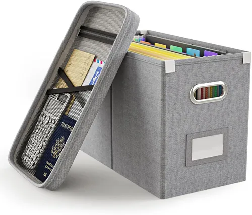 Vista 13 de Oterri Caja organizadora de archivos con tapa, caja de archivos colgante con bolsillo de malla, caja organizadora de documentos para archivos