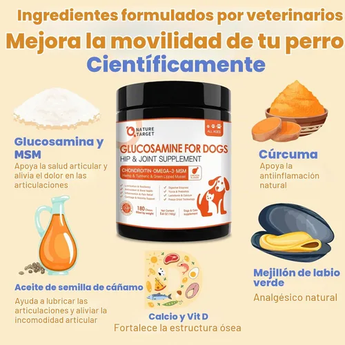 Vista 3 de NATURE TARGET Glucosamina para perros, masticables para cadera y articulaciones, liofilizados, 180