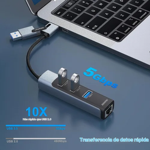 Vista 4 de BENFEI Adaptador USB-C/USB 3.0 a Ethernet 2 en 1 con 3 puertos USB 3.0 compatibles con iPhone 15 Series, MacBook Pro/Air 2023/2022/2021/2020/2019