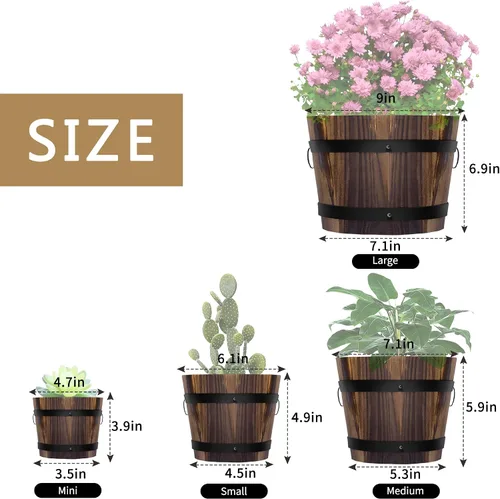 Vista 2 de Adnee Paquete de 4 Macetas de Barril de Whisky de Madera - Juego de Macetas de Jardín de Barril de Cubo de Madera de 4 Tamaños - Macetas Rústicas