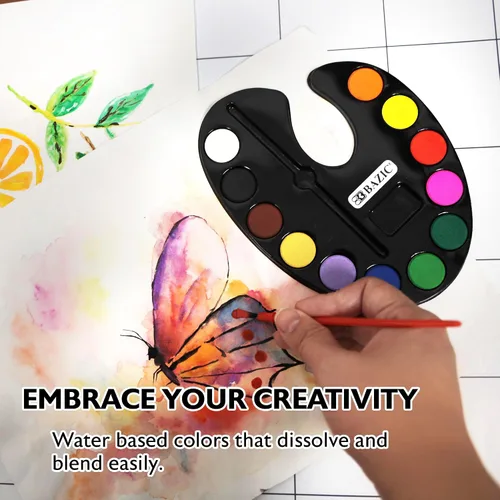 Vista 3 de BAZIC - Juego de acuarela con pincel, 12 colores no tóxicos, para diversión de pasatiempos, suministros de arte de colores vibrantes, regalo