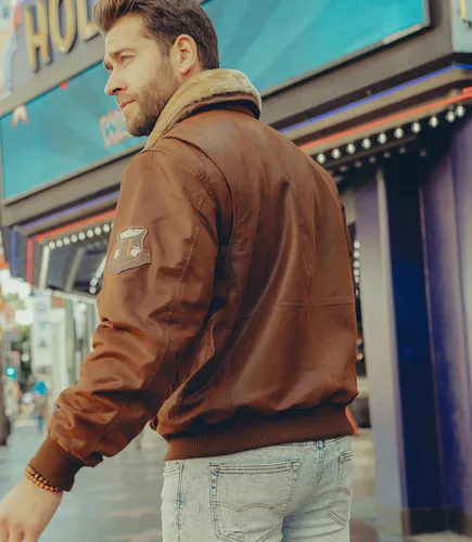 Vista 4 de FLAVOR Chaqueta bomber de cuero real para hombre con cuello de piel extraíble Aviator