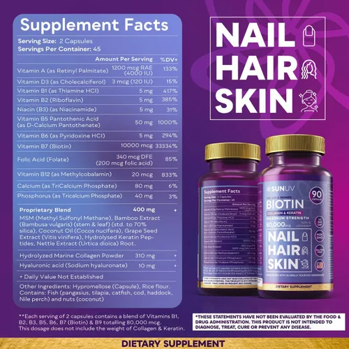 Vista 7 de SUNUV Biotina 10,000 mcg Colágeno Queratina - 80,000 mcg Vitaminas para el Crecimiento del Cabello para Mujeres y Hombres, Apoyo para la Piel