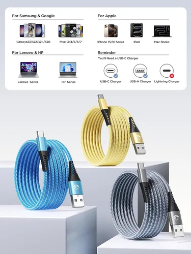 Vista 5 de Cable USB C de 3 pies, 3 unidades de carga rápida de nailon trenzado largo tipo C para Samsung Galaxy S24 S23 S22 S21 S10 S9 S8 A02s A03s A11 A12