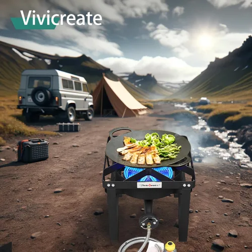 Vista 5 de Vivicreate Estufa de Gas Propano, 185000 BTU de Alta Presión para Acampar al Aire Libre con Regulador, Quemador de Hierro Fundido, Regulador