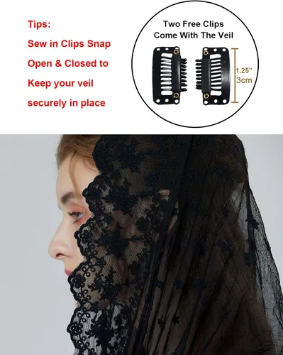 Vista 7 de Capilla Católica Mantilla Velo de encaje Iglesia Catedral Misa latina Pascua Infinity Cubierta de cabeza Negro