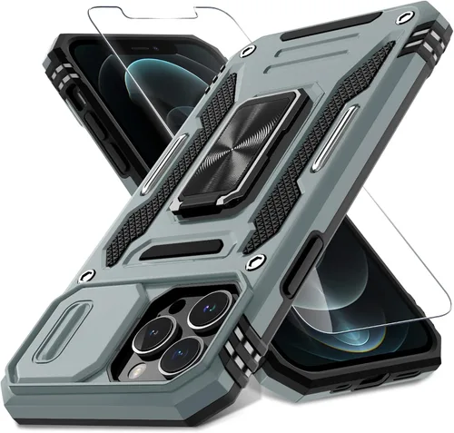 Vista 123 de DEERLAMN Funda para iPhone Xs Max con funda deslizante para cámara + protector de pantalla, soporte giratorio de anillo de grado militar a prueba