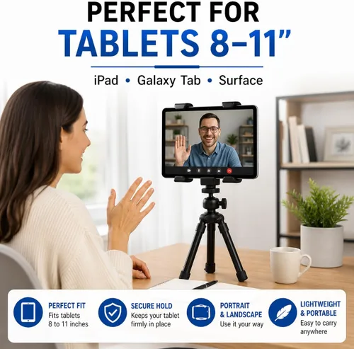 Vista 2 de Acuvar Soporte universal de trípode para tableta, adaptador de soporte ajustable para iPad, Samsung Galaxy Tab y Surface, se adapta a tabletas de 8