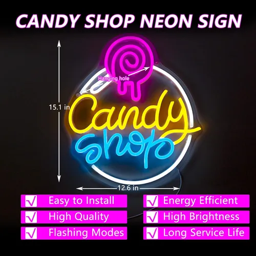 Vista 4 de Candy Shop - Letrero de neón para decoración de pared, letreros LED regulables de neón, decoraciones de tienda de piruletas, carteles de neón