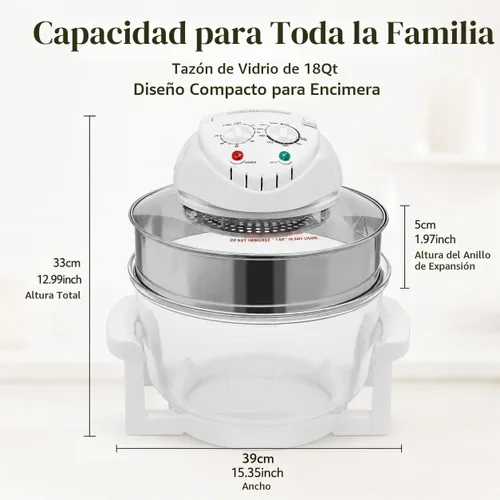 Vista 5 de Freidora de aire de vidrio grande de 18 cuartos – Cocina de circulación halógena y de aire caliente visible en 360°, 1200–1400 W, control preciso