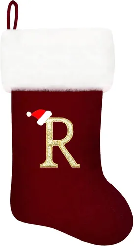 Vista 12 de Calcetines de Navidad bordados de 20 pulgadas con monograma, terciopelo negro con puño de felpa blanca supersuave, adornos clásicos para decoración