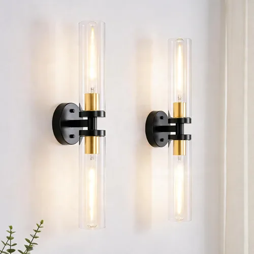 Vista 19 de Juego de 2 apliques de pared, lámparas de baño cableadas, iluminación de pared moderna para tocador de baño con pantalla de vidrio transparente