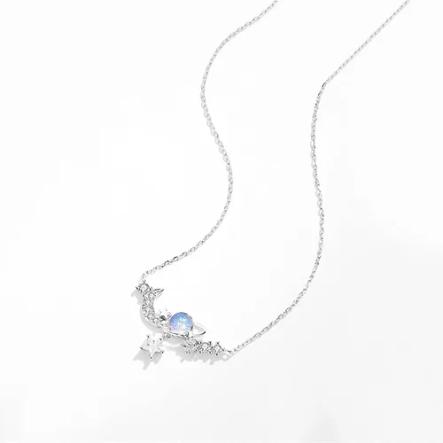 Vista 2 de Collar decorativo de plata 925 con dije de piedra esmaltada creativa, estrella y luna, cadena de clavícula, joyería elegante