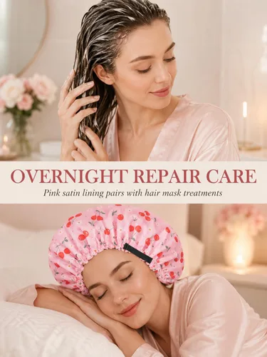 Vista 7 de Aquior Gorro de ducha para mujer, extra ajustable, doble capa, impermeable, reutilizable, gorra de pelo de tamaño grande para todo el cabello