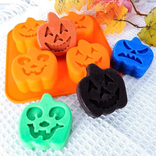 Vista 6 de Moldes de silicona para chocolate, 5 unidades, calabaza, murciélago, cráneo, fantasma, araña, moldes para hornear, cavidad grande, mediana y pequeña