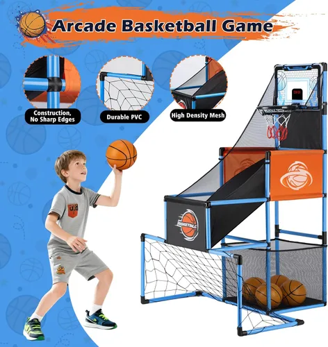 Vista 2 de Juego de Arcade de Baloncesto y Portería de Fútbol 2 en 1 para Niños, Aro de Baloncesto Ajustable para Niños con 6 Pelotas y Bomba