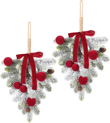 Vista 10 de Super Holiday - Decoraciones de Navidad, 2 piezas de coronas de puerta delantera de plantas verdes artificiales colgantes con lazo