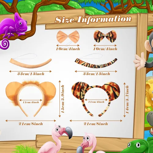 Vista 2 de 2 Sets Animal Costume Set Lion Tiger Zebra Giraffe Leopard Elephant Costume Accessory Include Ears Headband Bow Tie Tail