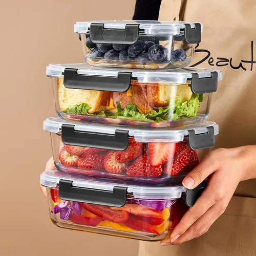 Vista 4 de Liuruiyu Paquete de 10 recipientes de vidrio para almacenamiento de alimentos con tapas, recipientes de preparación de comidas, cajas Bento