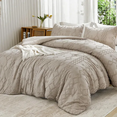 Vista 3 de Andency Edredón individual caqui, ropa de cama geométrica copetuda de 2 01 - Caqui
