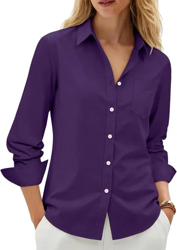 Vista 19 de siliteelon Camisas con botones para mujer, camisa Oxford de algodón, camisa de vestir de manga larga, blusas de trabajo con bolsillo