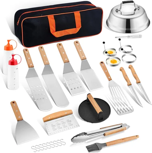 Vista 8 de HaSteeL - Juego de 20 accesorios para parrilla, juego de espátulas de metal resistente, herramientas Teppanyaki de acero inoxidable para parte