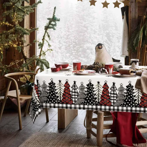 Vista 4 de Horaldaily 1 paquete de mantel desechable de Navidad, cubierta de mesa rectangular de plástico con árboles de nieve para decoración de fiesta