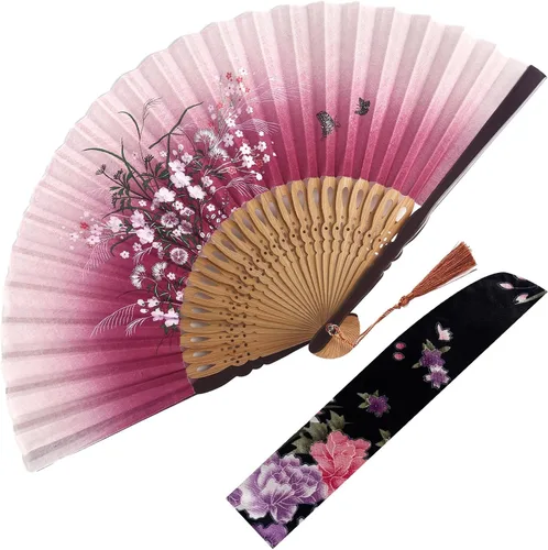Vista 8 de JOHOUSE Abanico de mano plegable de tela negra con borla y funda – Elegante abanico plegable de mano para mujeres, abanicos de boda para invitados