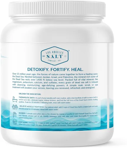 Vista 3 de LA SALT CO 1400 por debajo de 5 libras en tarro de sal del mar muerto, grano fino – baño de pies y spa, exfoliante corporal, 100% puro y rico