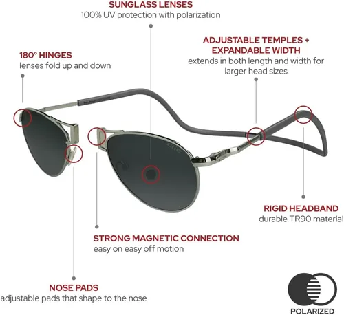 Vista 3 de Clic Magnetic Sunglasses, Polarized Lenses, 100% UVA & UVB Protection, Adjustable Temple, Aviator Sunglasses (Small - Large)