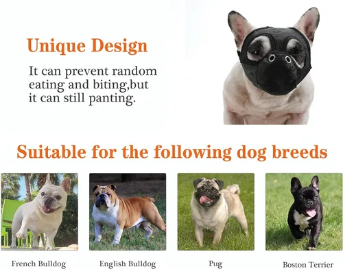 Vista 5 de Bozales cortos para perros – Bozal para bulldog de malla transpirable ajustable que puede sacar la lengua y beber agua, antimordidas y entrenamiento