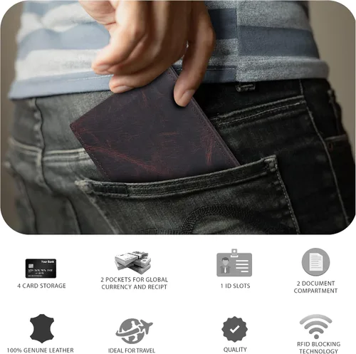Vista 6 de Cartera de cuero hecha a mano real para hombre, hecha a mano, bloqueo RFID, billetera plegable de capacidad extra, Moca, Minimalista