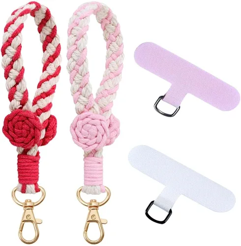 Vista 13 de VIOKKO Correa de muñeca de macramé bohemio para teléfono, cordón para teléfono celular con lengüeta de sujeción, pulsera con soporte para correa