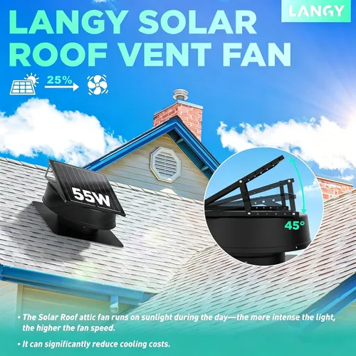 Vista 12 de LANGY Ventilador solar para ático con termostato, ventilador de ventilación solar de techo con panel solar de 55 W, ventilador de escape de techo