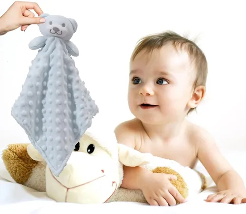 Vista 6 de CREVENT Manta acogedora de seguridad para bebés y niños, diseño de lunares Minky frontal + respaldo de sherpa con cara de animal (oso azul)