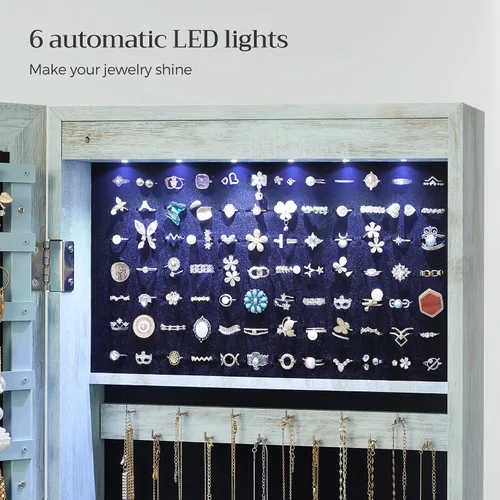 Vista 4 de SONGMICS - Gabinete organizador de joyas con 6 luces LED, para montar en la pared o en la puerta, de 47.3pulgadas de alto, con espejo y 2 cajones