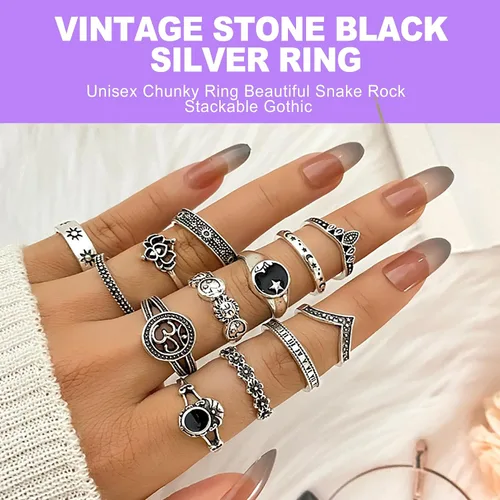 Vista 5 de 42 piezas de juego de anillos de nudillo vintage de plata, anillos góticos alternativos geniales, punk, para mujeres, hombres, anillos ajustables