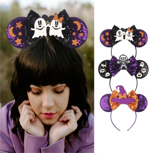 Vista 3 de Diadema de orejas de ratón de Halloween para mujeres y niñas, con lazo de lentejuelas para decoración de fiesta de Halloween, disfraz