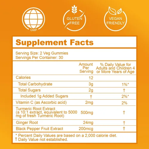Vista 2 de Gomitas de curcumina de cúrcuma de 500 mg para adultos, sabor