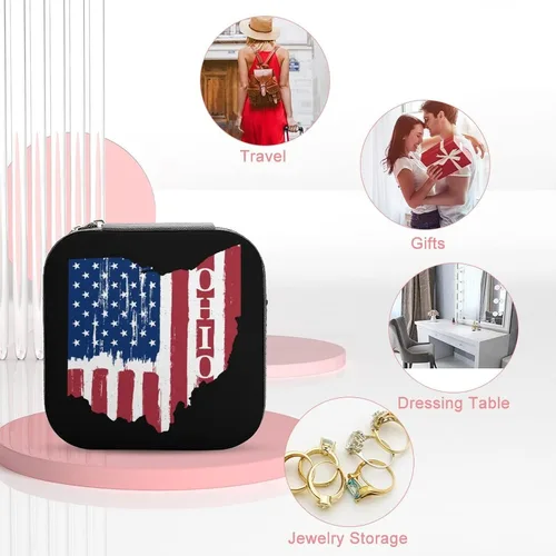Vista 3 de Joyero pequeño con bandera de Ohio de Ohio, organizador portátil para anillos, aretes, collares, regalos para niñas y mujeres