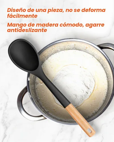 Vista 3 de Cucharas de cocina grandes de silicona, cuchara antiadherente con mango de madera maciza, cucharas de cocina de silicona resistentes al calor