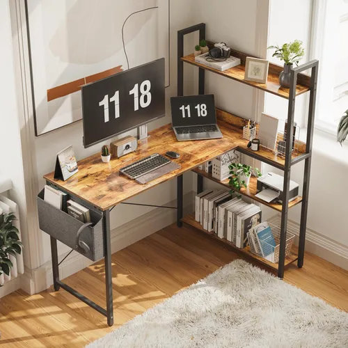 Vista 6 de Treesland 40 Inch Computer Desk with Bookshelf, Corner Desk with Storage, L Shaped Desk, Home Office Desks, Writing Study Desk for Bedroom, Black