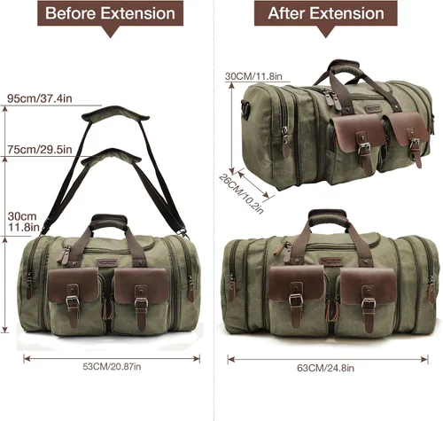 Vista 7 de Wildroad Bolsa de viaje de lona de 50L, bolsa de lona expandible de cuero genuino, bolsa de fin de semana mejorada para una noche, bolsa de mano