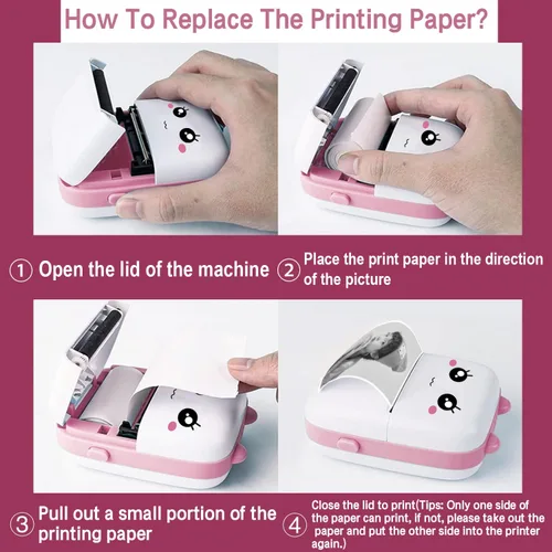 Vista 4 de Mini impresora de calcomanías con 11 rollos de papel, recibo de bolsillo térmico sin tinta para iOS iPhone y Android, Bluetooth portátil