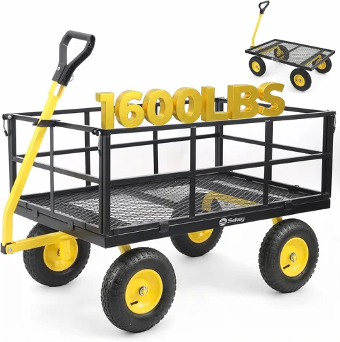 Vista 12 de Sekey Carrito de jardín de malla de acero de 600 libras para patio y patio trasero, carro utilitario con lados extraíbles (cama plana convertible)