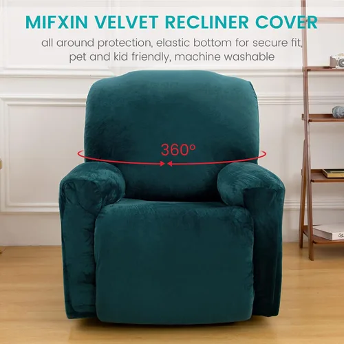 Vista 2 de MIFXIN Funda reclinable de terciopelo de 4 piezas, elástica de 1 asiento, fundas de sofá reclinable, fundas elásticas suaves para sillas Verde Oscuro