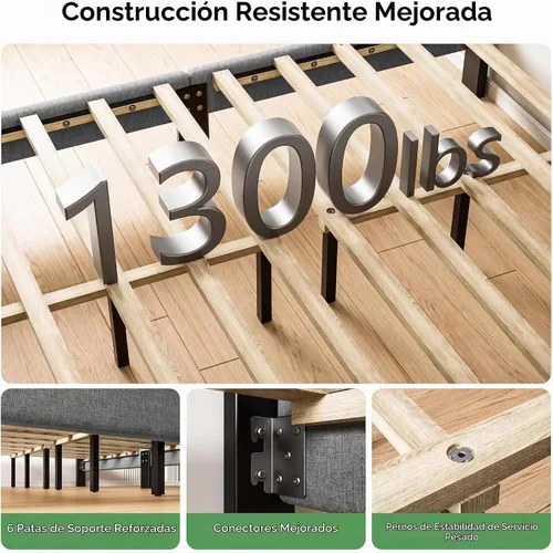 Vista 7 de Marsail Base de cama tapizada de tamaño matrimonial con 2 cajones de almacenamiento, cabecera ajustable, se adapta a colchones de 6 a 12 pulgadas