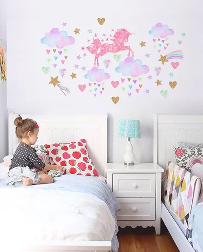 Vista 2 de Calcomanías de pared de unicornio para guardería, unicornio rosa con estrellas y nubes de arco iris, calcomanía de pared para dormitorio de bebé